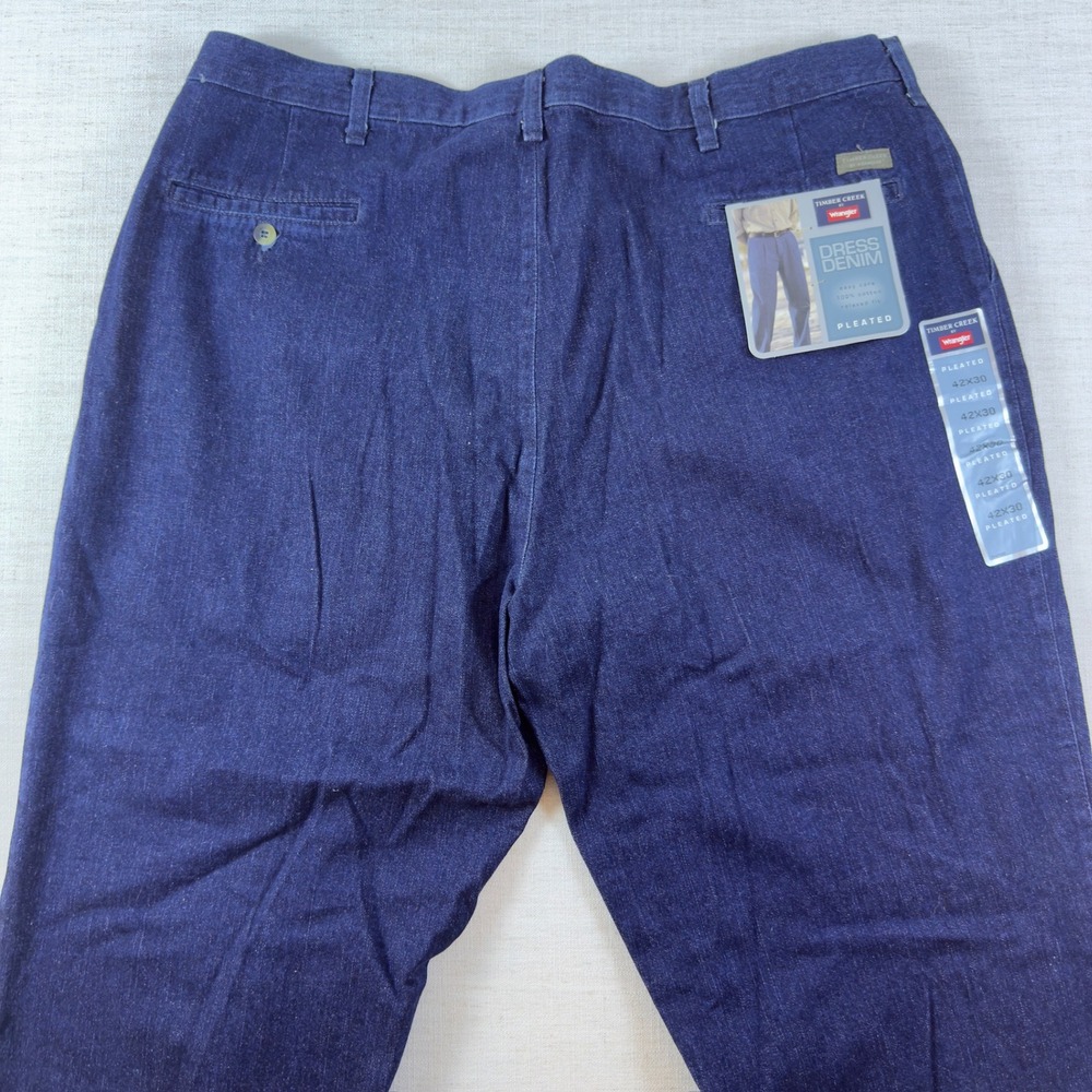 Wrangler Timber Creek Mens 42x30 Dress Denim Pleated Relaxed Fit Jeans Dark Wash